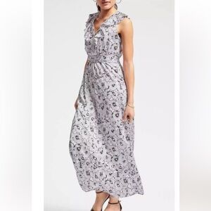 Banana Republic grey ruffled floral maxi dress